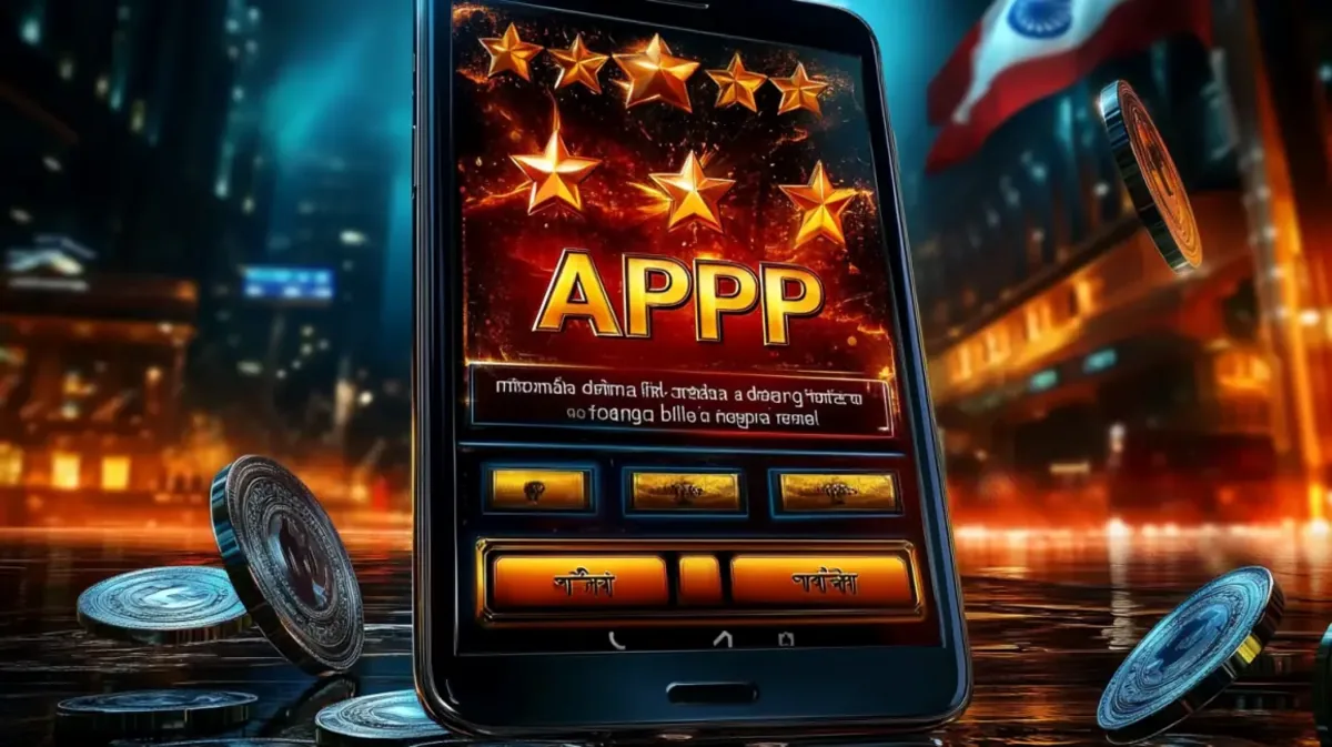 A smartphone showcases a 5-star gaming APP against a backdrop of a modern city at night and an Indian flag. The scene is filled with coins, symbolizing big wins.
