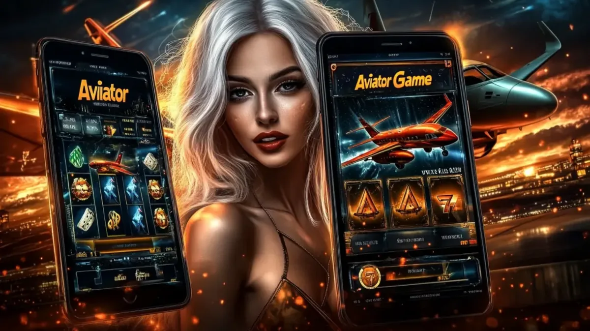 A beautiful blonde woman is flanked by two smartphones, each showing a different screen from the Aviator game. The background is a busy airport at night.