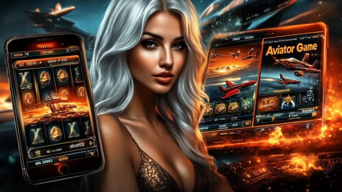 A beautiful blonde woman is featured in a promotion for the Aviator game. She is surrounded by a tablet and a smartphone, both displaying the game's interface with airplanes.