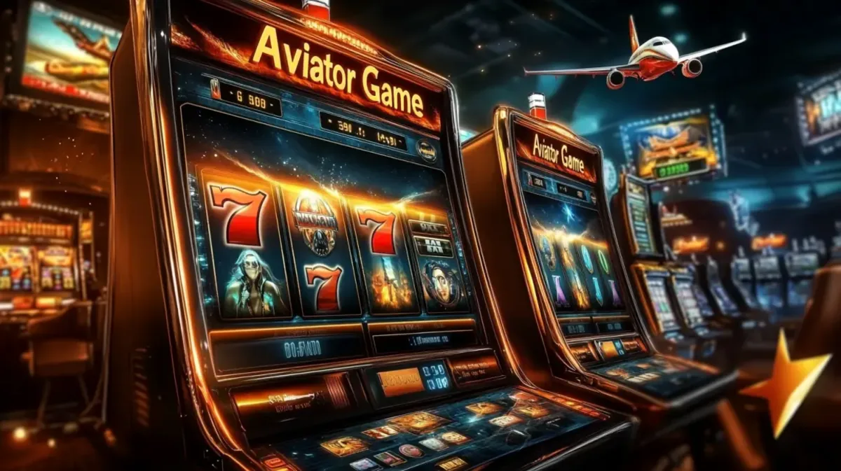 Two sleek, modern slot machines with the Aviator Game theme are shown in a high-end casino. A passenger airplane flies overhead, connecting the game to its theme.