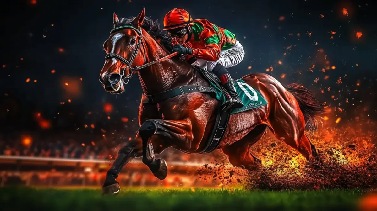 A jockey and horse are captured in a powerful, dramatic moment, racing across a track filled with fire and sparks, showcasing the excitement of horse racing.