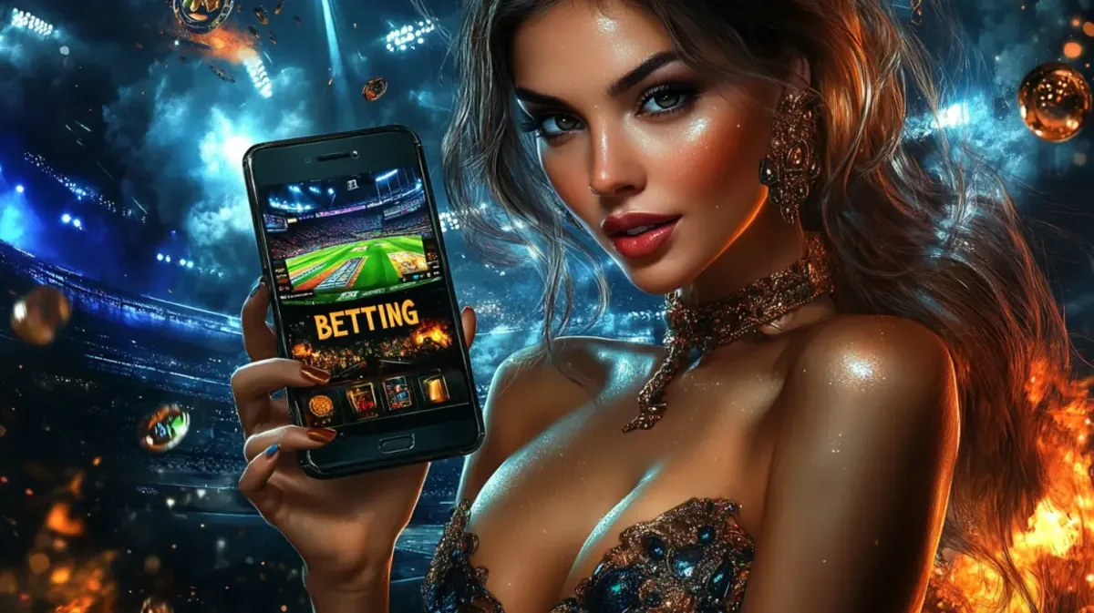 A glamorous woman holds a smartphone with a BETTING app open to a sports field. She is in a dynamic stadium environment with fire and floating spheres.