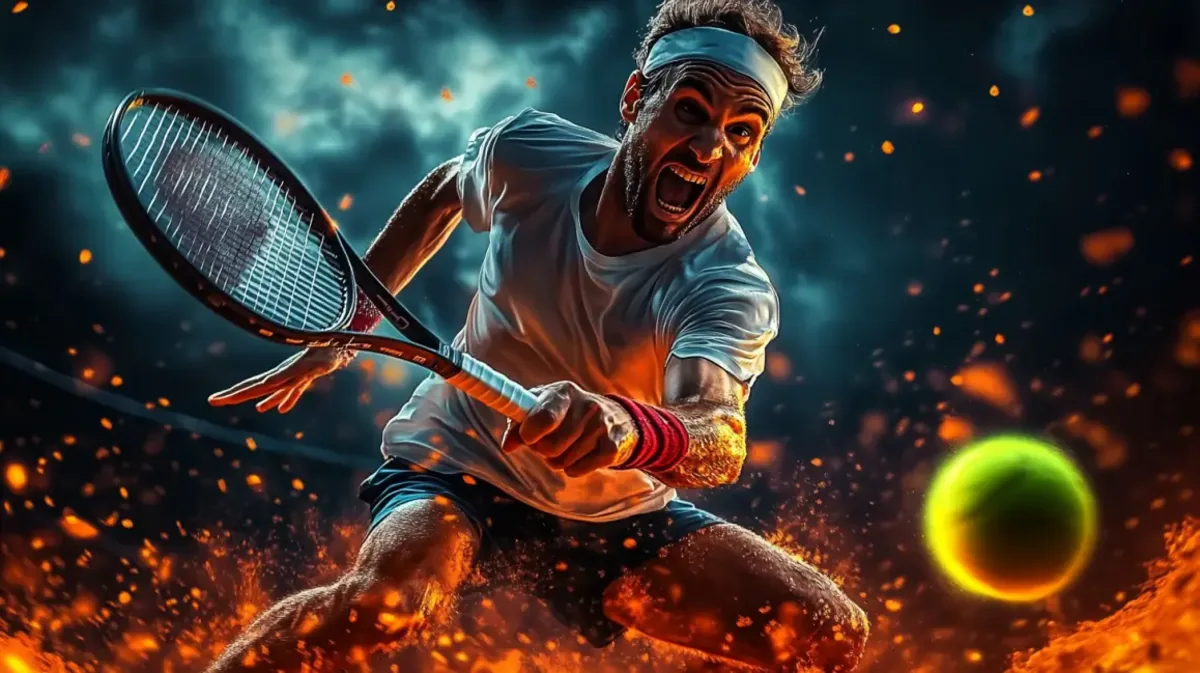 An intense male tennis player shouts as he hits a forehand shot. He is surrounded by a dramatic explosion of fire and embers, highlighting the intensity of the sport.