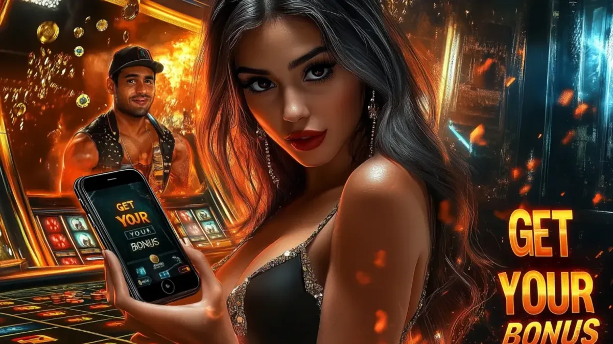 A beautiful woman holds a smartphone with the message GET YOUR BONUS on the screen. A smiling man stands behind her in a vibrant, fiery casino setting.