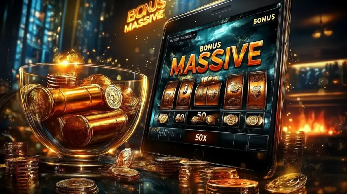 A tablet displays a MASSIVE BONUS win on a 777 slot machine with a 50x multiplier. It sits next to a bowl overflowing with gold coins in a cozy, luxurious setting.