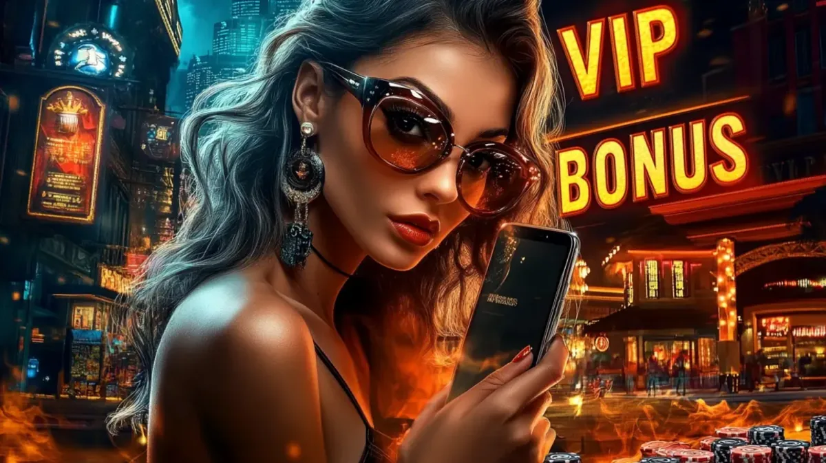 A chic woman in sunglasses and elegant jewelry holds a smartphone in a futuristic, neon-lit city. The glowing text VIP BONUS and casino chips complete the exclusive scene.