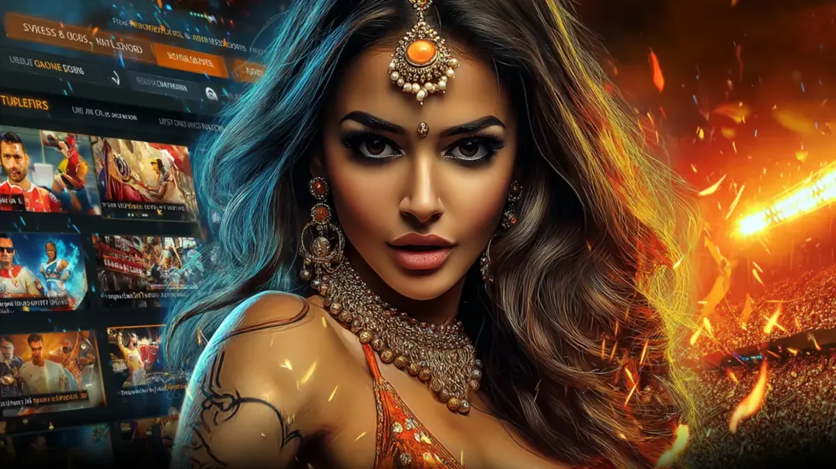 A beautiful woman wearing traditional Indian jewelry looks intensely at the camera. In the background, a sports betting interface and a fiery stadium scene are visible.