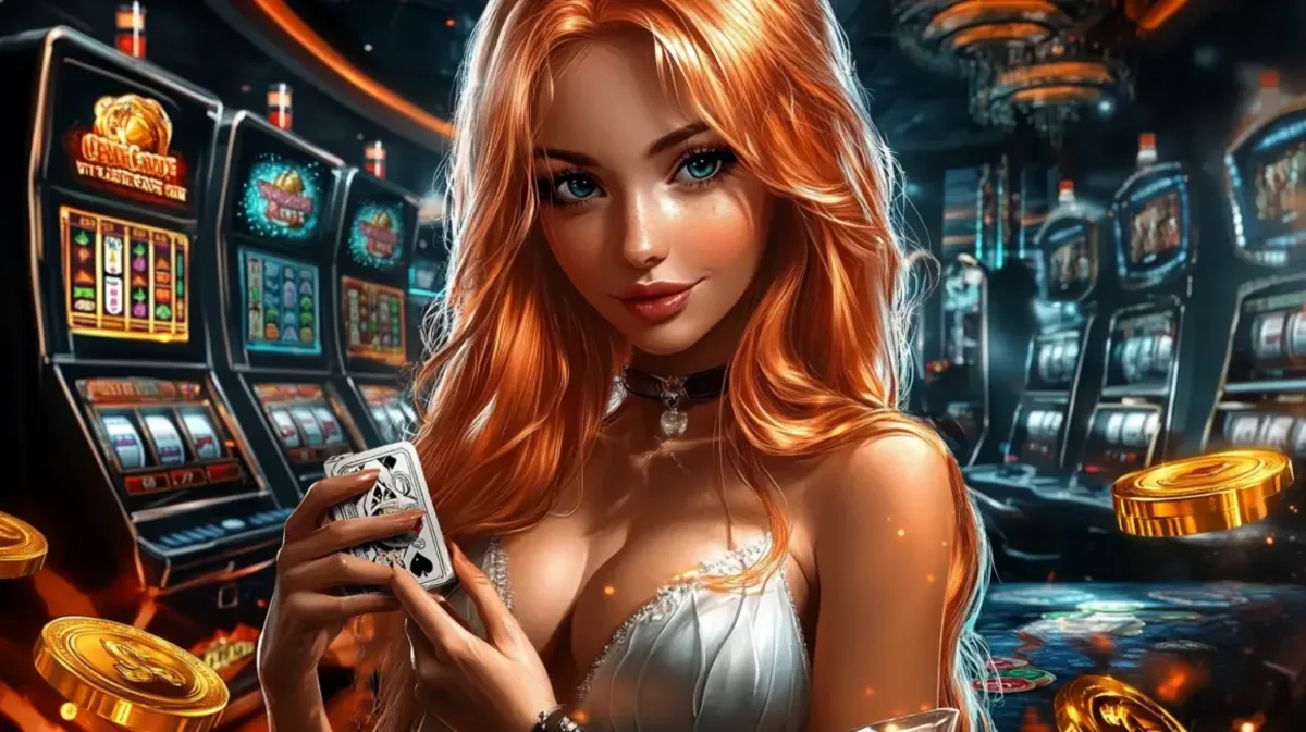 A beautiful woman with long red hair shuffles a deck of cards while standing in a casino filled with glowing slot machines and piles of gold coins.