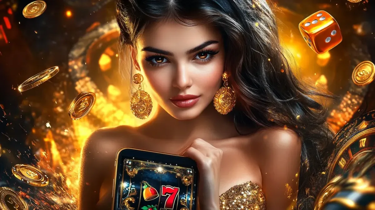 A stunning woman with large gold earrings and a sparkling dress holds a smartphone with a 777 slot game. The scene is rich with golden light, dice, and coins.
