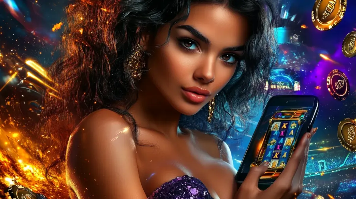 A beautiful woman with dark, curly hair holds a smartphone showing a slot game. The background is a dynamic fusion of a brightly lit stadium and fiery light effects with floating coins.