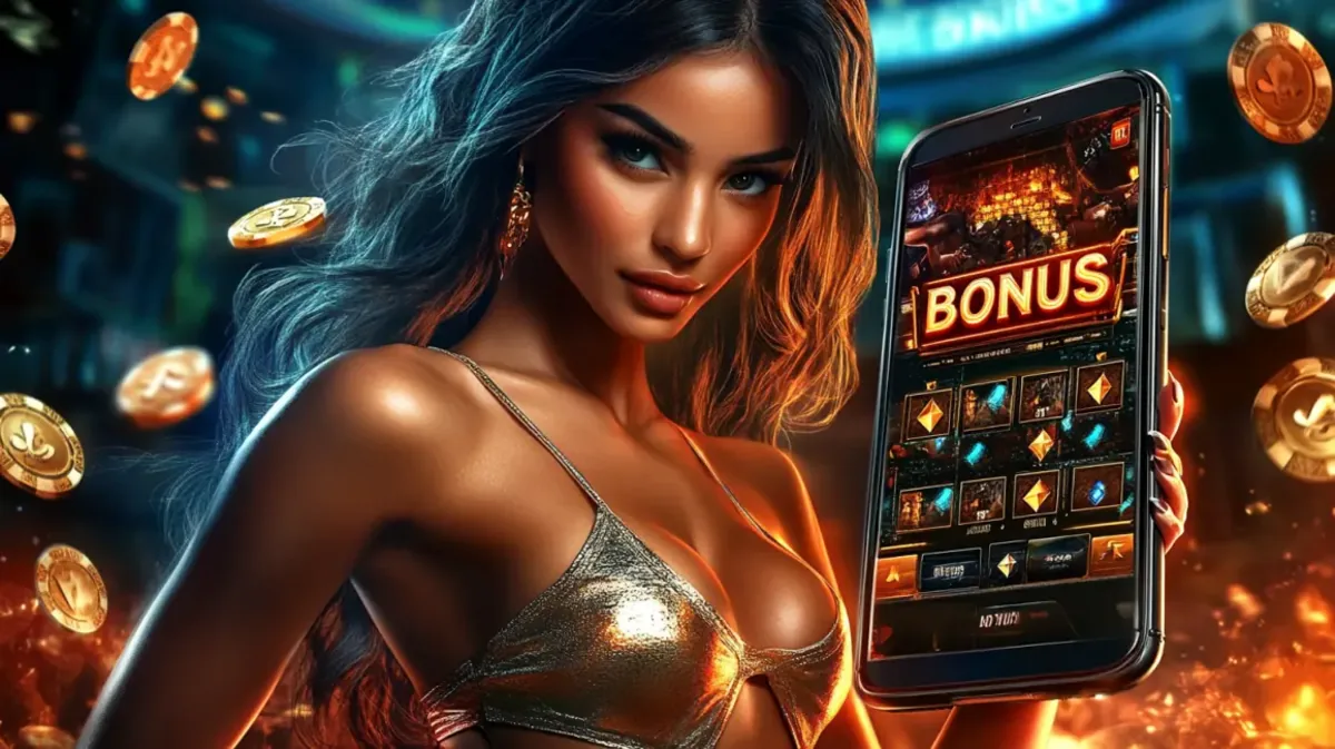 An alluring woman in a golden top holds a smartphone displaying a BONUS screen with a game lobby. The scene is filled with fiery effects and floating gold coins.