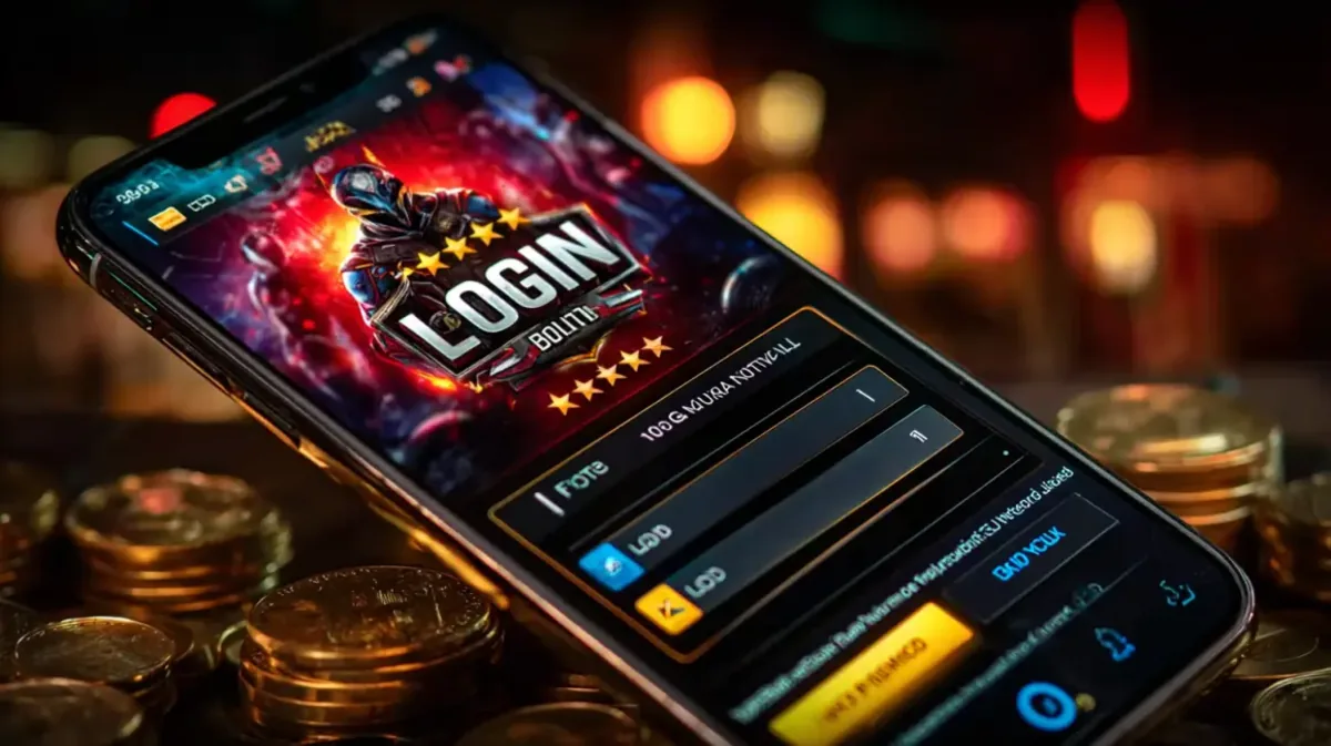 A smartphone on a pile of gold coins displays a high-tech LOGIN screen for a gaming app, featuring an armored character and user input fields.