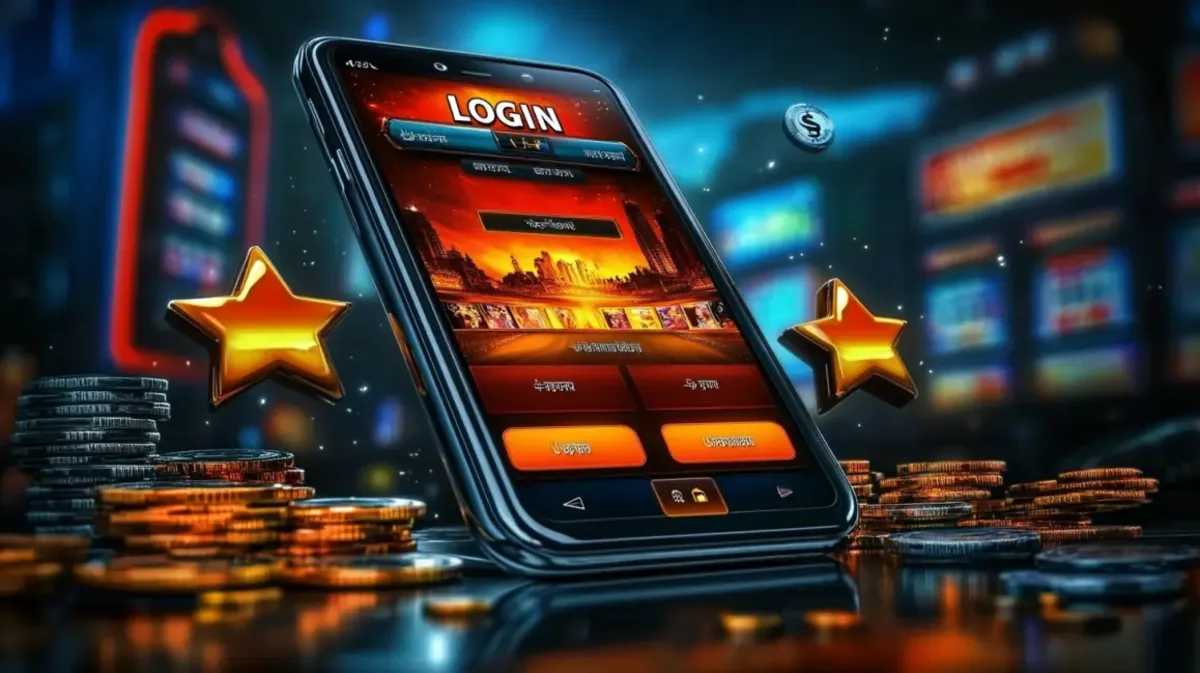 A close-up of a smartphone on a reflective surface, showing a casino app's LOGIN screen. The interface is fiery and energetic, surrounded by gold stars and stacks of coins.