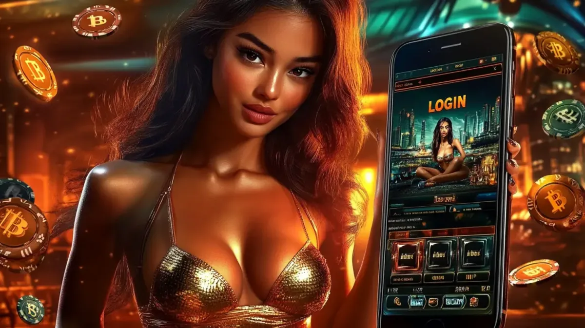 A beautiful woman in a gold bikini is featured next to a smartphone displaying a casino app's LOGIN screen. Floating Bitcoin symbols surround them in a warm, glowing atmosphere.