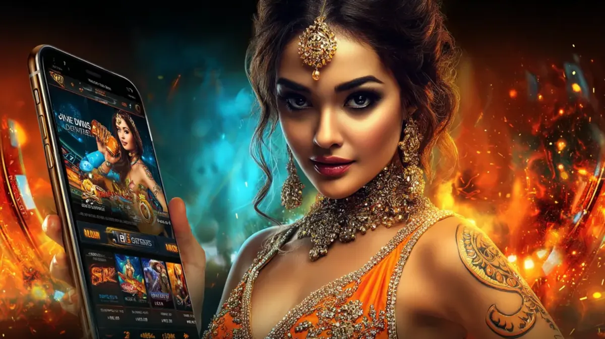 An elegant Indian woman with traditional jewelry and a tattoo holds up a smartphone displaying a gaming app with a vast library of games, set against a fiery, cosmic background.