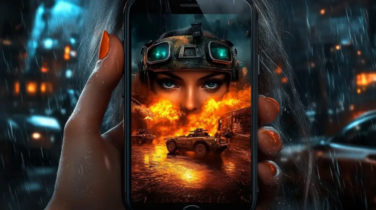 A close-up of a hand holding a smartphone. The screen displays a dramatic image of a female soldier's face amidst a fiery explosion, from a mobile action game.