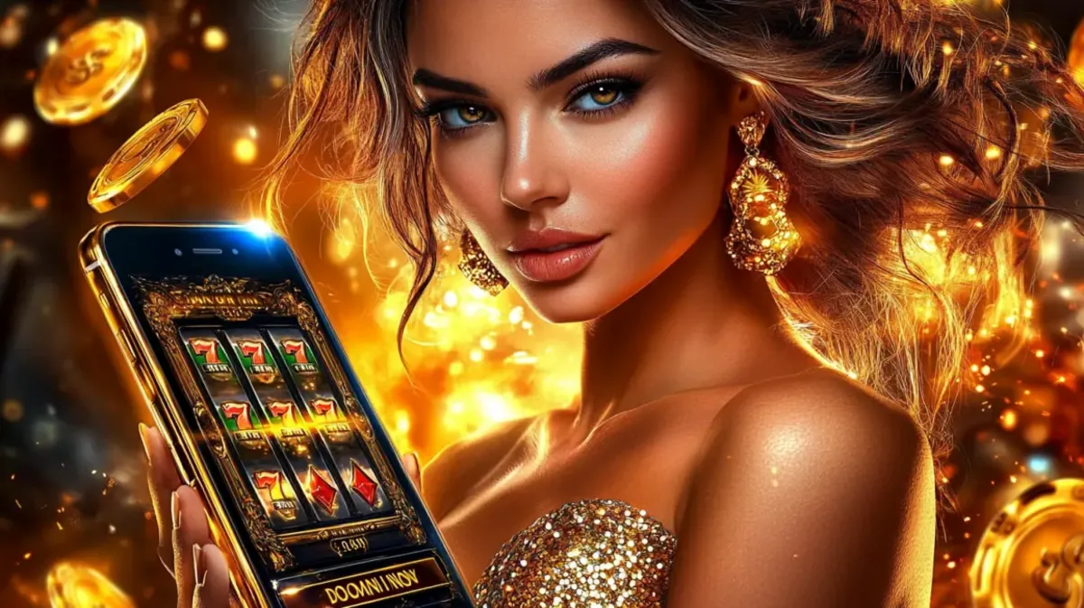 A beautiful woman in a sparkling gold dress and ornate earrings holds a smartphone with a 777 slot game, surrounded by a warm, golden glow and floating coins.