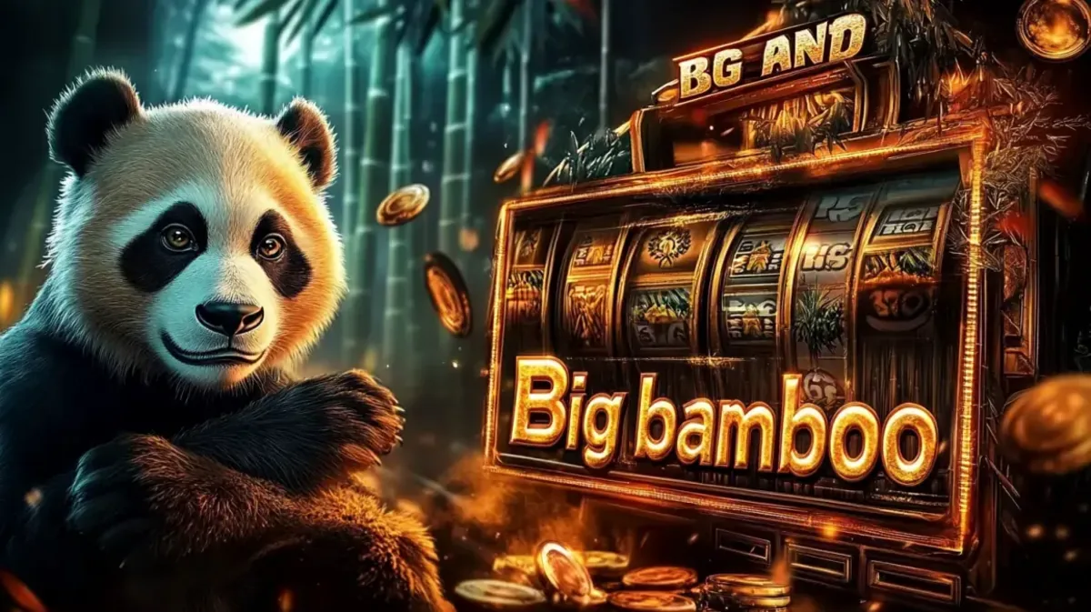 A realistic panda looks on next to a glowing, golden Big Bamboo slot machine. The setting is a mystical bamboo forest with floating coins and fiery embers.