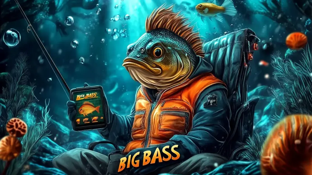 The Big Bass game mascot, an anthropomorphic fish in a fishing vest, relaxes underwater while holding a fishing rod and a mobile device showing the game.
