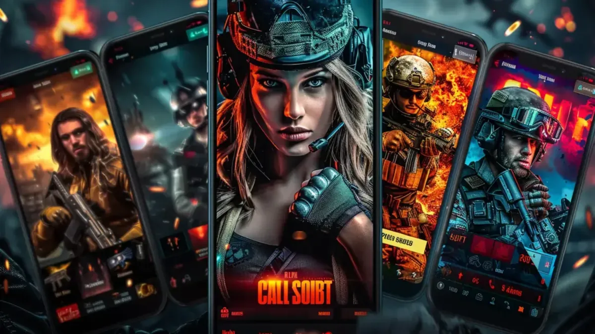 A collage of smartphones displaying a female-led tactical shooter game called CALL SOIBT. The screens show various characters in action-packed, fiery settings.